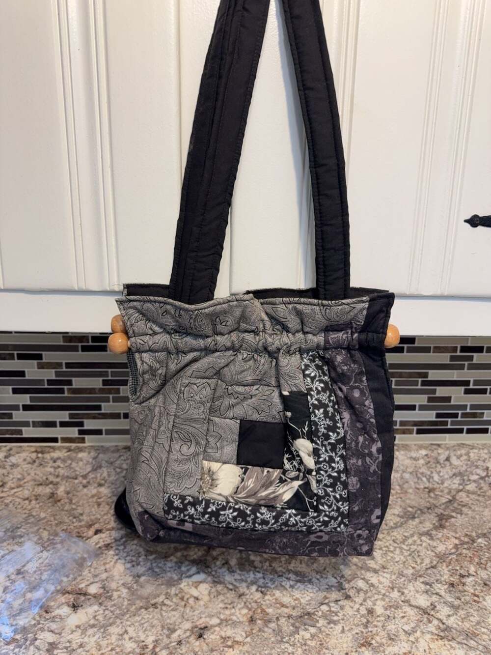 Handmade Quilted Patchwork Tote Bag with Wooden Bead Accents